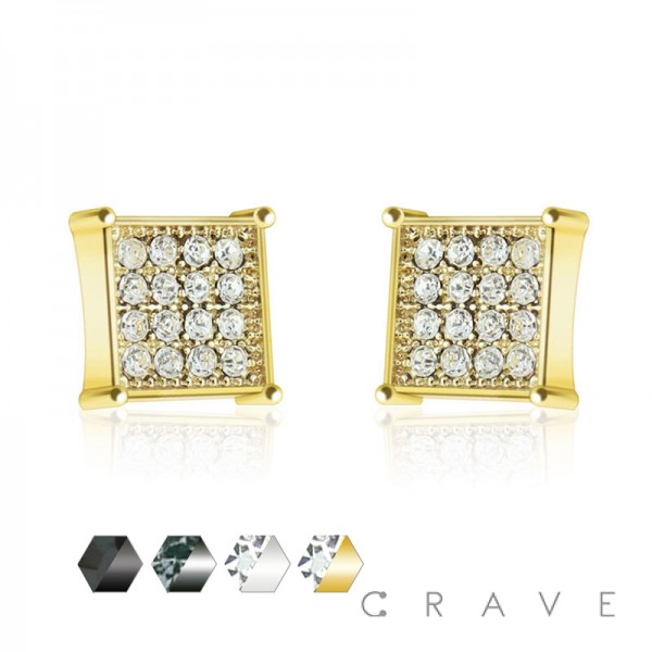 PAIR OF STAINLESS STEEL PIN GEM PAVED SQUARE CROWN EDGE EARRING